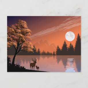 Carte Postale Paysage du lever du soleil avec lac et Deers-51207