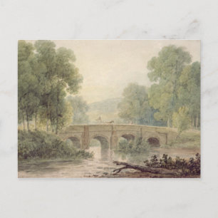 Carte Postale Paysage en bois avec pont de pierre au-dessus d'un