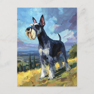 Carte Postale Paysage ensoleillé de campagne avec un Schnauzer -