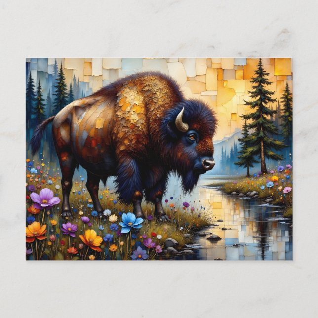 Carte Postale Paysage floral de bisons d'Amérique (Devant)