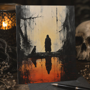 Carte Postale Paysage gothique brumeux avec personnage encapucho