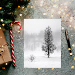 Carte Postale Paysage hivernal avec arbre dans le brouillard<br><div class="desc">Paysage hivernal avec neige et brouillard.  Devant un petit bouleau et derrière un plus grand arbre.  Une photo presque noir et blanc,  mais des couleurs naturelles à cause de la neige et du brouillard.</div>