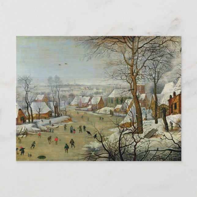 Carte Postale Paysage hivernal avec patineurs et piège à oiseaux (Devant)