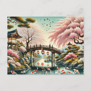 Carte Postale Paysage japonais avec pont, carpes et arbres sakur