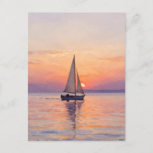 Carte Postale Paysage marin aquarelle au coucher du soleil sur u