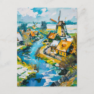 Carte Postale Paysage néerlandais avec moulins à vent et canal