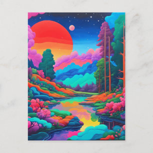 Carte Postale Paysage psychédélique art rose vert