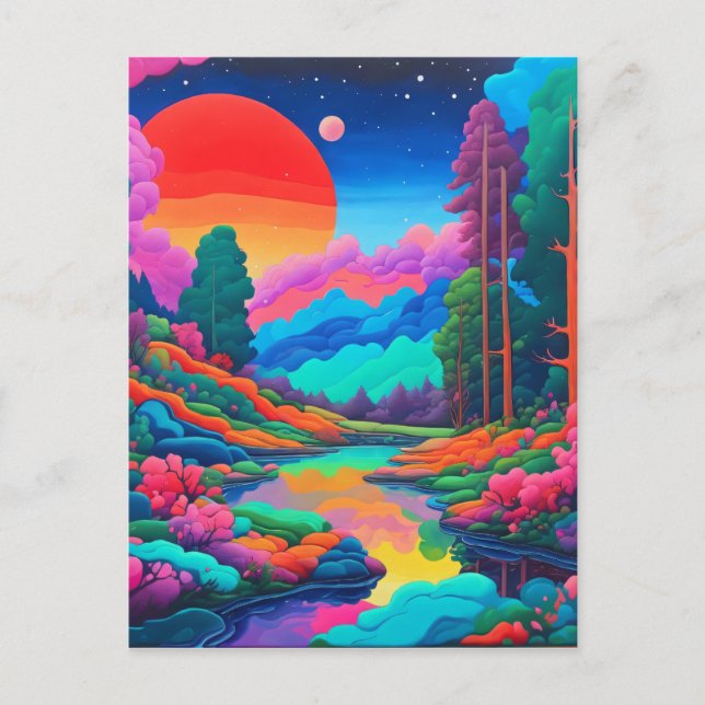 Carte Postale Paysage psychédélique art rose vert (Devant)