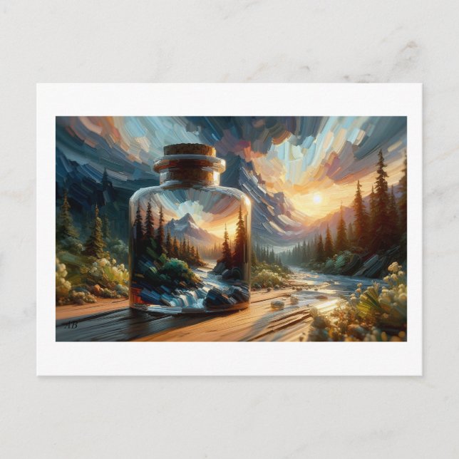 Carte Postale Paysage reflété dans un pot en verre,  (Devant)