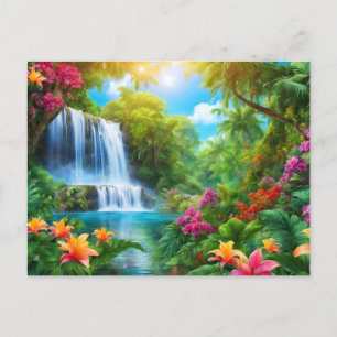 Carte Postale Paysage tropical avec fleurs, Cascade