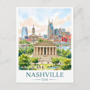 Carte Postale Paysage urbain aquarelle de Nashville Tennessee