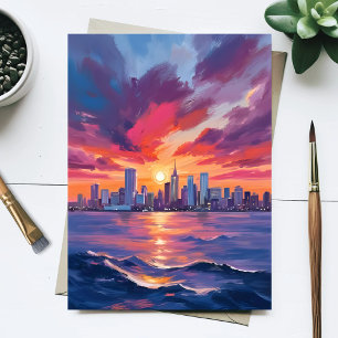 Carte Postale Paysage urbain au coucher du soleil   Aquarelle de