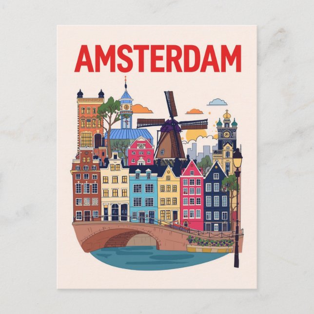 Carte Postale Paysage urbain coloré d'Amsterdam (Devant)