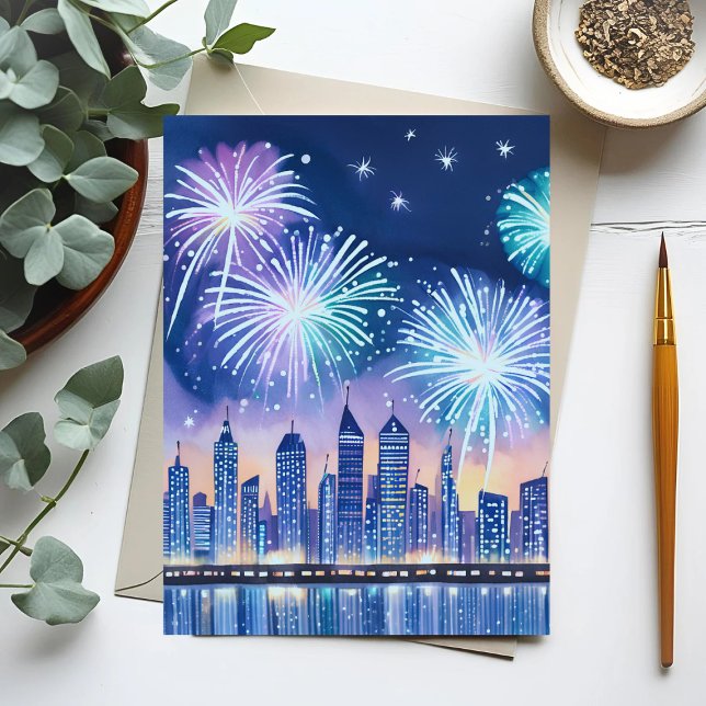 Carte Postale Paysage urbain de feu d'artifice | Aquarelle numér (Créateur téléchargé)