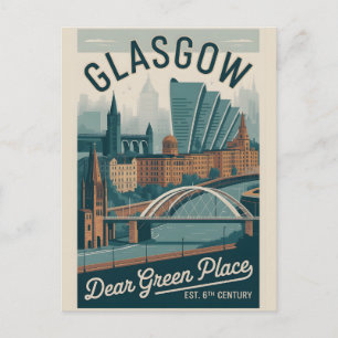 Carte Postale Paysage urbain de Glasgow Ecosse dans un style rét