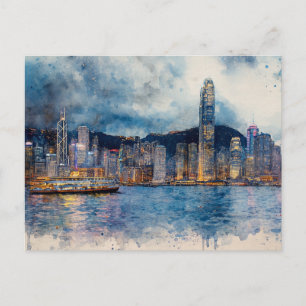 Carte Postale Paysage urbain de Hong Kong - Peinture à l'aquarel