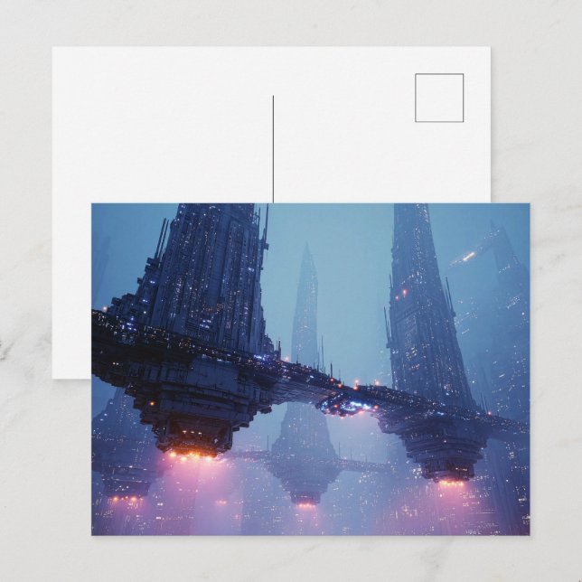 Carte Postale Paysage urbain futuriste avec des structures flott (Devant / Derrière)