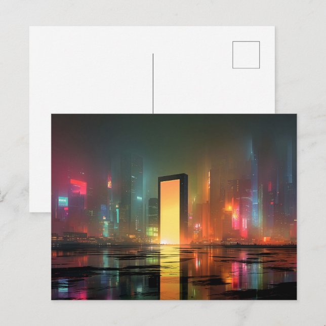 Carte Postale Paysage urbain futuriste avec reflets néon (Devant / Derrière)