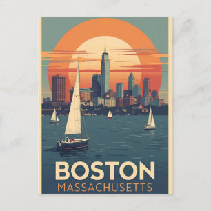 Carte Postale Paysage urbain rétro de Boston avec voiliers Mas