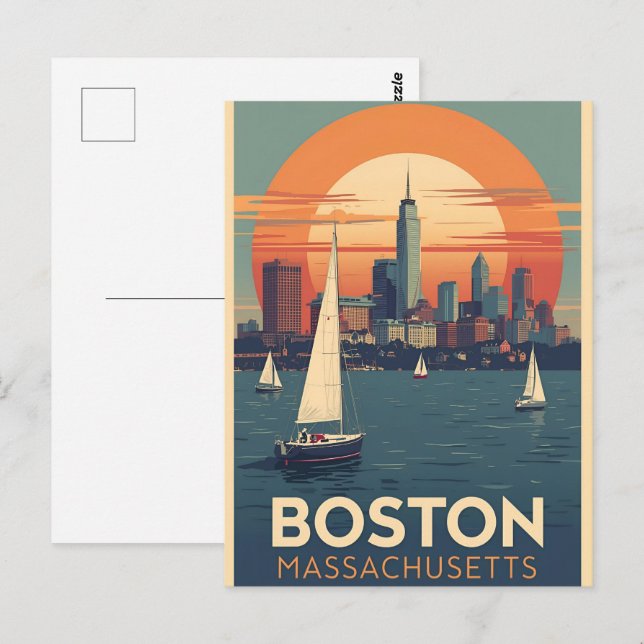 Carte Postale Paysage urbain rétro de Boston & voiliers | Massac (Devant / Derrière)