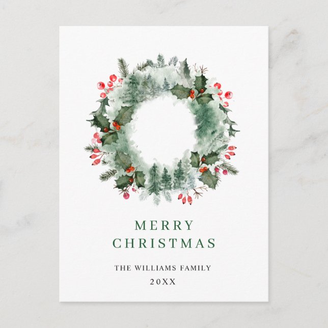 Carte Postale Paysage Wreath Holly Berry Pine Forest Noël (Devant)