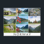 Carte Postale Paysages et texte : 'Norvège' en collage<br><div class="desc">Carte postale avec un collage de neuf photos de paysages de fjords,  boathouses,  bateaux,  stave church,  puffin,  montagnes et maisons à Alesund dans le pays scandinave Norvège avec un cadre blanc et le texte : 'Norvège'.</div>