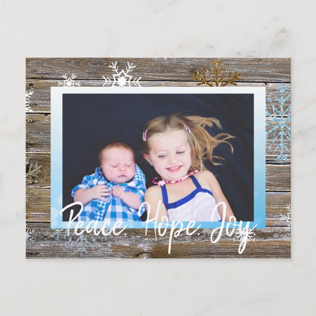 Carte Postale Peace Hope Joy Photo de famille Rustic Wood Snowfl (Devant)