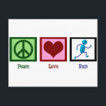 Carte Postale Peace Love<br><div class="desc">Peace Love Run. Ce joli cadeau de Noël en course comporte un signe de paix,  un coeur et un coureur qui fait un marathon ou une course de fond en piste et en champ. Un grand cadeau pour un athlète qui court comme un sport.</div>