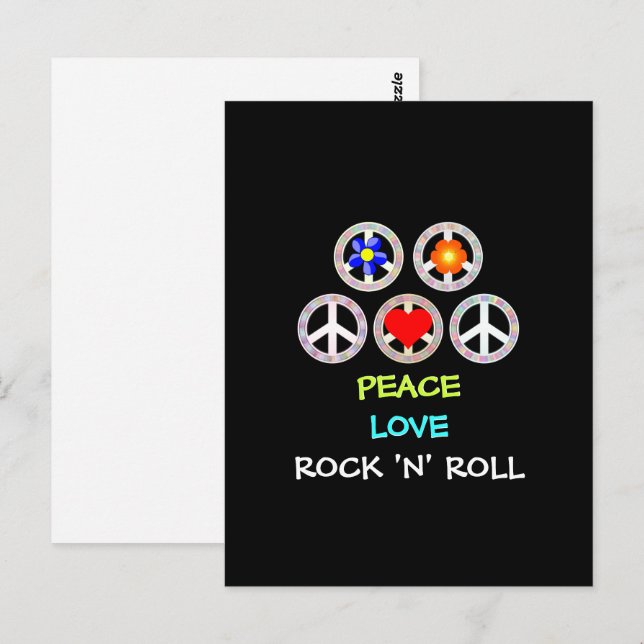 Carte Postale Peace, Love and Rock 'n' Roll, (Devant / Derrière)