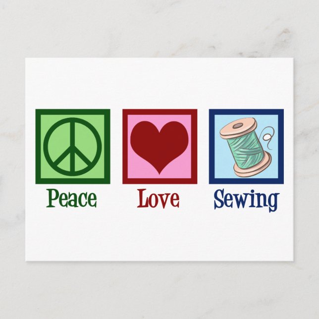 Carte Postale Peace Love Coudre mignonne Seamstress (Devant)