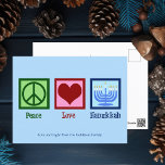 Carte Postale Peace Love Hanoukka Cute Custom Blue<br><div class="desc">Les cartes postales Peace Love Hanoukka pour une famille juive qui aime célébrer Chanukah. Un joli signe de paix,  coeur,  et une belle menorah sur une carte postale de vacances bleu mignon.</div>