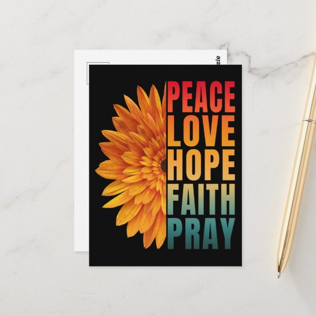 Carte Postale Peace Love Hope Faith Pray (Devant/Arrière en situation)