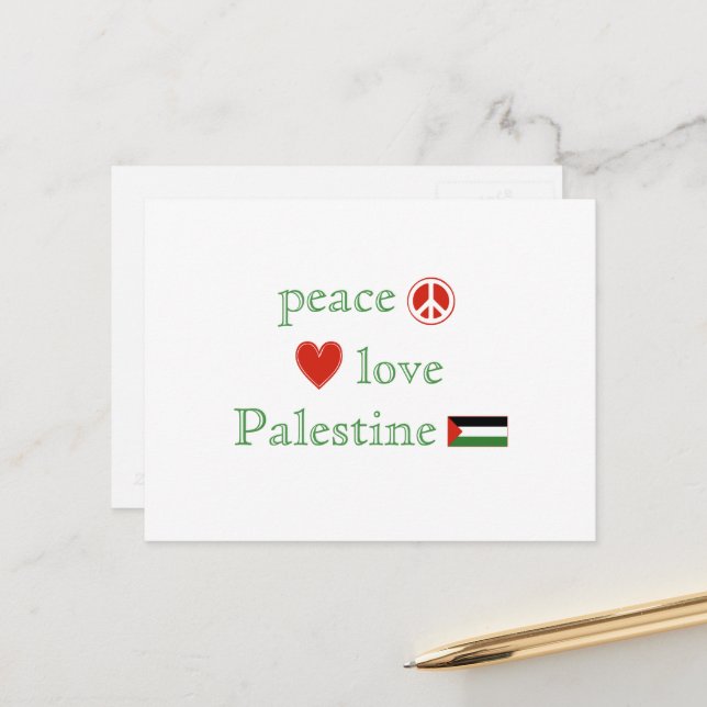 Carte Postale Peace Love Palestine Coeur et drapeau palestinien (Devant/Arrière en situation)