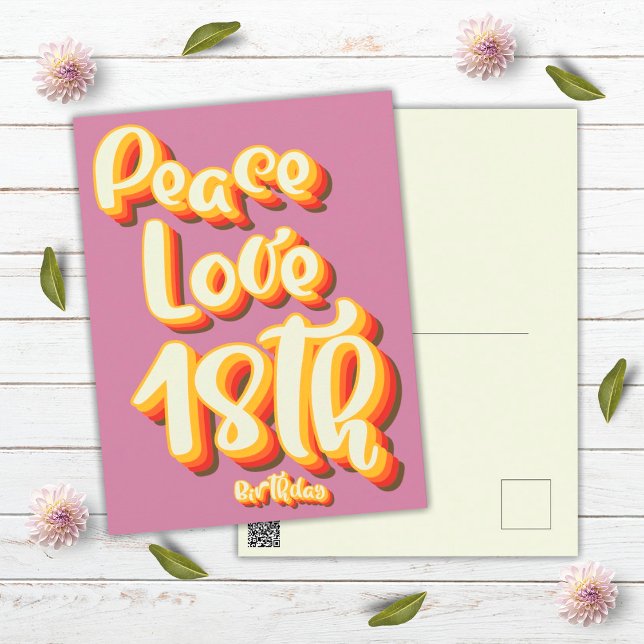 Carte Postale Peace Love Pink Retro Super 18e Joyeux anniversair (Front and Back)