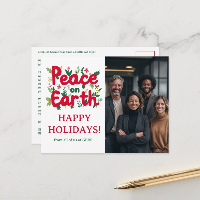 Carte Postale PEACE ON EARTH BUSINESS CUSTOM PHOTO Holiday (Devant/Arrière en situation)