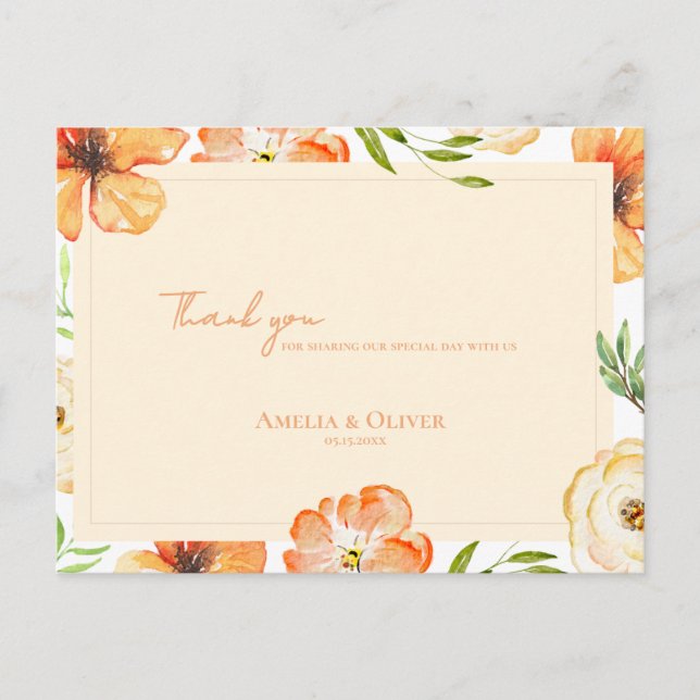 Carte Postale Peach Florals Romantic Garden Wedding Thank You (Devant)