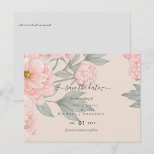 Carte Postale Peach Peonies Sage Floral Mariage Dates de sauvega