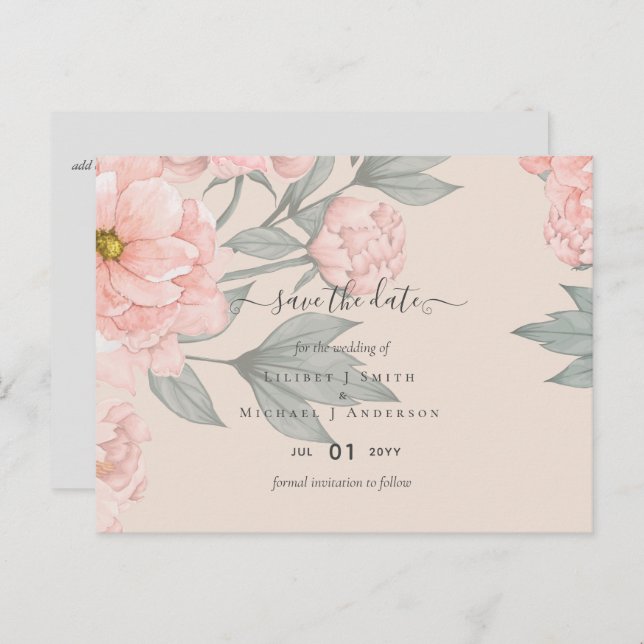 Carte Postale Peach Peonies Sage Floral Mariage Dates de sauvega (Devant / Derrière)