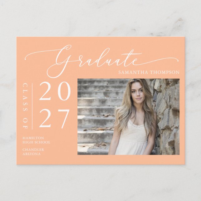 Carte Postale Peach Script School Graduate Faire-part Photo (Devant)