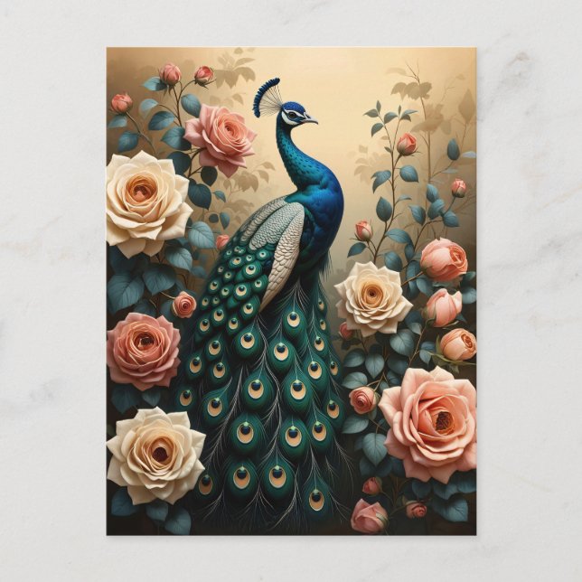 Carte Postale Peacock avec Pêche et Roses roses roses (Devant)