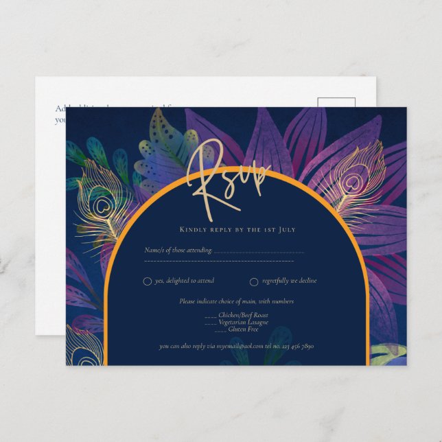 Carte Postale Peacock Blue Jewel Tones Floral Gold Texte Mariage (Devant / Derrière)