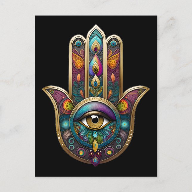 Carte Postale Peacock Colors Hamsa w/ Gold Third Eye (Devant)