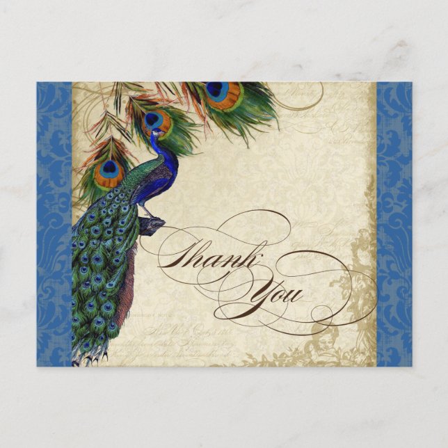 Carte Postale Peacock & Feather Formal Thank You Note Royal Blue (Devant)