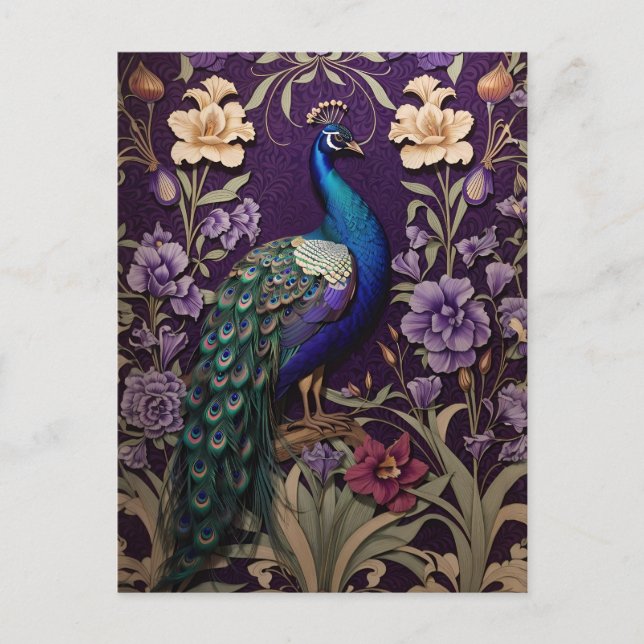 Carte Postale Peacock Sur Purple William Morris Inspiré (Devant)