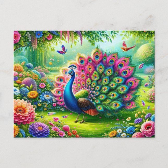 Carte Postale Peacock vibrant dans un Imaginaire Jardin Peinture (Devant)