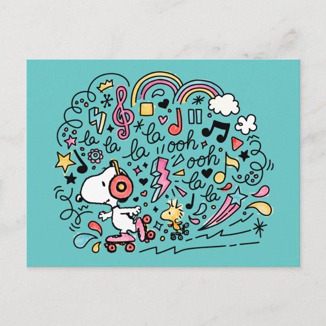 Carte Postale Peanuts | Snoopy & Woodstock en patins à roulettes (Devant)