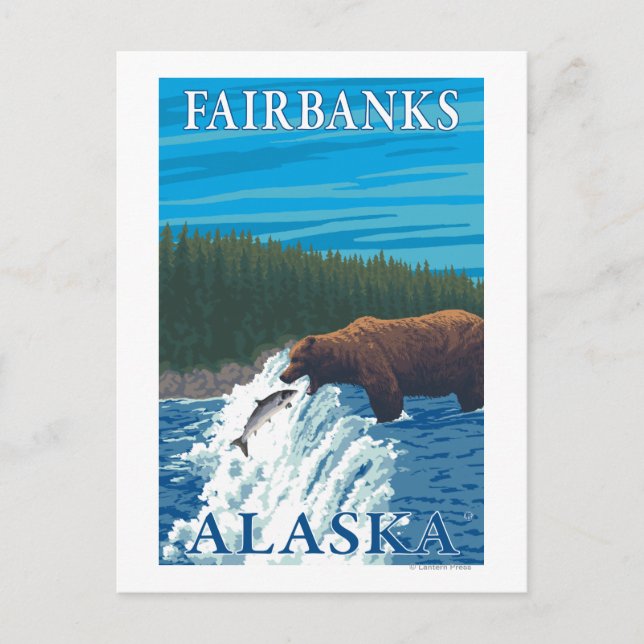Carte Postale Pêche à l'ours dans la rivière - Fairbanks, Alaska (Devant)