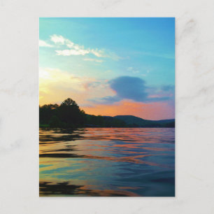 Carte Postale Pêche et coucher de soleil sur le lac de montagne