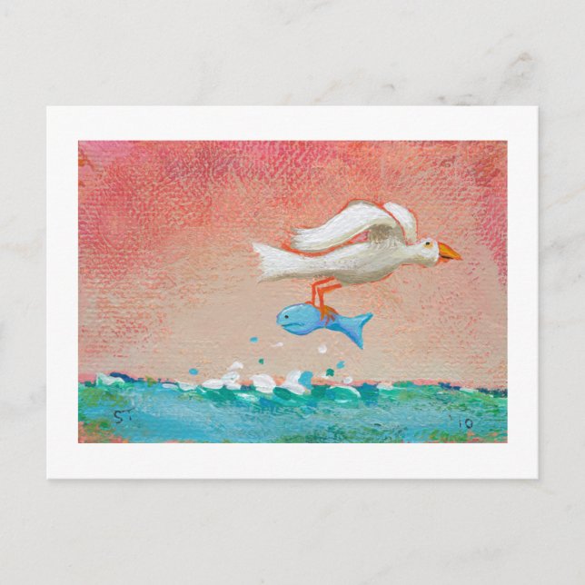 Carte Postale Pêche pour le dîner - Minuscule Art #608 Oiseaux & (Devant)