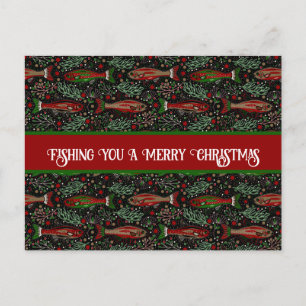 Carte Postale Pêche Vous un Joyeux Noël Truite Rouge Vert